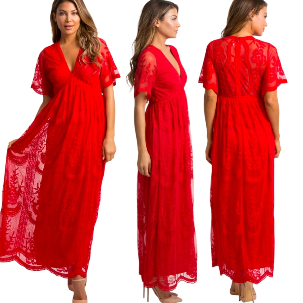 PinkBlush Red Lace Mesh Overlay Maxi Dress